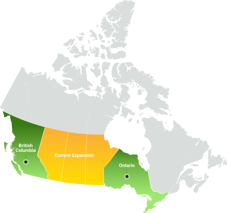 Map of Canada with Ontario and British Columbia highlighted